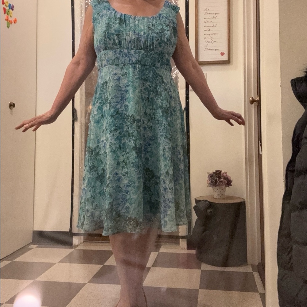 (2) Roz & Ali Teal/White Floral Dress and Beige Fit/Flare with Black Trim